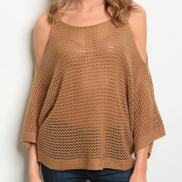 Taupe Long sleeve cold shoulder knit sweater top. - Picture 2 of 3